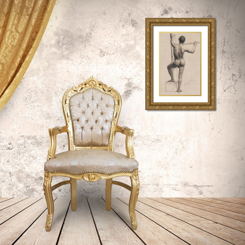 Male Nude with Left Foot on a Pedestal Gold Ornate Wood Framed Art Print with Double Matting by Klimt, Gustav