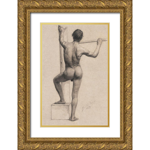 Male Nude with Left Foot on a Pedestal Gold Ornate Wood Framed Art Print with Double Matting by Klimt, Gustav
