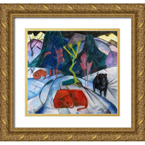 Bison in winter-red bison Gold Ornate Wood Framed Art Print with Double Matting by Marc, Franz