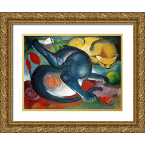 Two cats-blue and yellow Gold Ornate Wood Framed Art Print with Double Matting by Marc, Franz