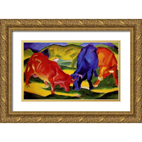 Cows Gold Ornate Wood Framed Art Print with Double Matting by Marc, Franz