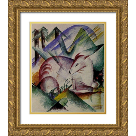 Red Deer Gold Ornate Wood Framed Art Print with Double Matting by Marc, Franz