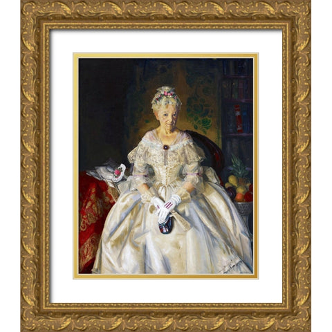 Mrs T in Cream Silk-No 2 Gold Ornate Wood Framed Art Print with Double Matting by Bellows, George