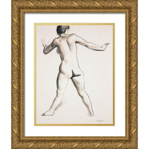Nude Standing-Seen from Back Gold Ornate Wood Framed Art Print with Double Matting by Bellows, George