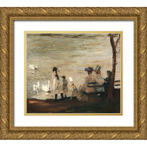 Swans in Central Park Gold Ornate Wood Framed Art Print with Double Matting by Bellows, George