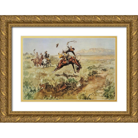 Bronco Busting Gold Ornate Wood Framed Art Print with Double Matting by Russell, Charles Marion