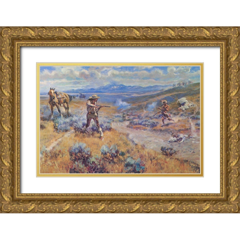 Buffalo Bills Duel with Yellowhand Gold Ornate Wood Framed Art Print with Double Matting by Russell, Charles Marion