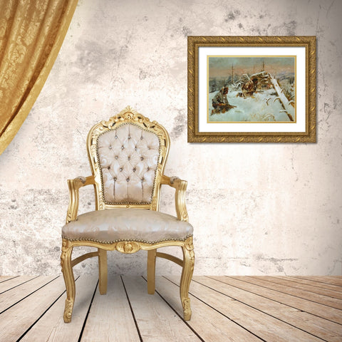 Crow Indians Hunting Elk Gold Ornate Wood Framed Art Print with Double Matting by Russell, Charles Marion