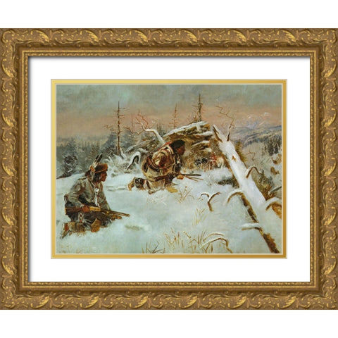 Crow Indians Hunting Elk Gold Ornate Wood Framed Art Print with Double Matting by Russell, Charles Marion