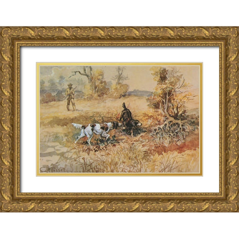 Huntsman and Dogs Gold Ornate Wood Framed Art Print with Double Matting by Russell, Charles Marion