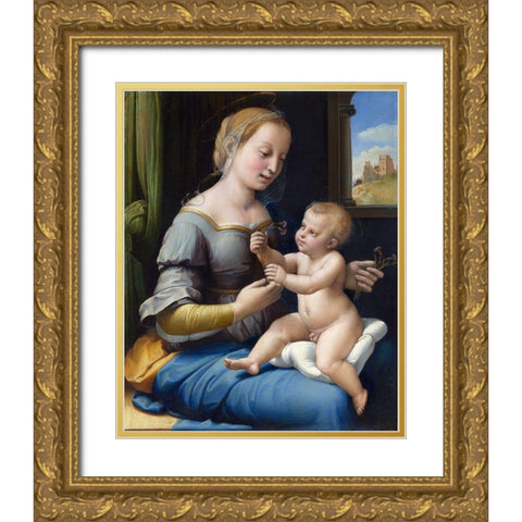 The Madonna of the Pinks Gold Ornate Wood Framed Art Print with Double Matting by Raphael