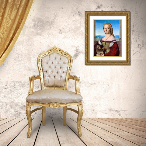 Young Woman with Unicorn Gold Ornate Wood Framed Art Print with Double Matting by Raphael
