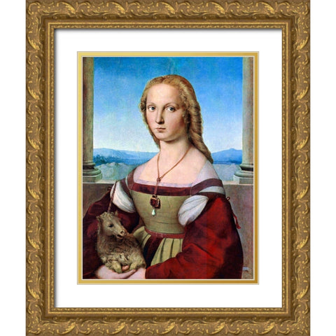 Young Woman with Unicorn Gold Ornate Wood Framed Art Print with Double Matting by Raphael