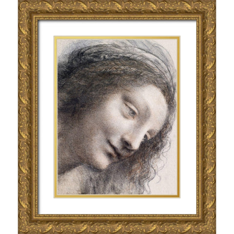 The Head of the Virgin in Three-Quarter View Facing Right Gold Ornate Wood Framed Art Print with Double Matting by da Vinci, Leonardo
