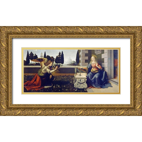 The Annunciation Gold Ornate Wood Framed Art Print with Double Matting by da Vinci, Leonardo