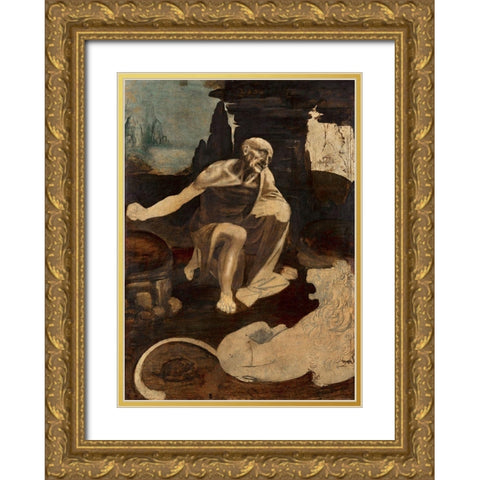 Saint Jerome in the Wilderness Gold Ornate Wood Framed Art Print with Double Matting by da Vinci, Leonardo