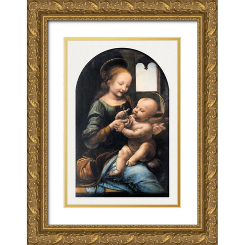 Benois Madonna Gold Ornate Wood Framed Art Print with Double Matting by da Vinci, Leonardo