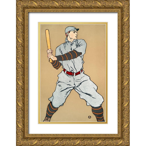 Vintage Drawing of a baseball player holding a bat Gold Ornate Wood Framed Art Print with Double Matting by Penfield, Edward
