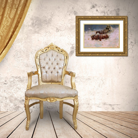 A Snowbound Christmas on the Overland Coach Gold Ornate Wood Framed Art Print with Double Matting by Remington, Frederic