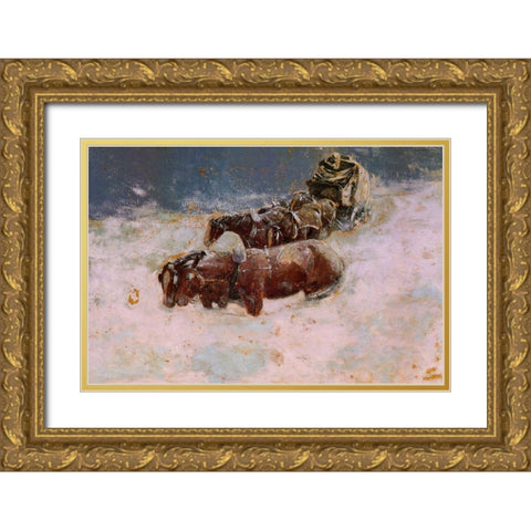 A Snowbound Christmas on the Overland Coach Gold Ornate Wood Framed Art Print with Double Matting by Remington, Frederic
