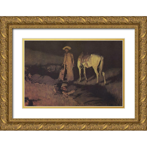In From the Night Herd Gold Ornate Wood Framed Art Print with Double Matting by Remington, Frederic