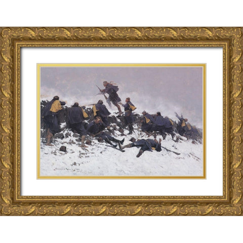 Through the Smoke Sprang the Daring Young Soldier Gold Ornate Wood Framed Art Print with Double Matting by Remington, Frederic