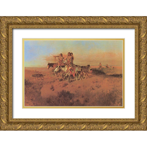 Following the Buffalo Run Gold Ornate Wood Framed Art Print with Double Matting by Russell, Charles Marion