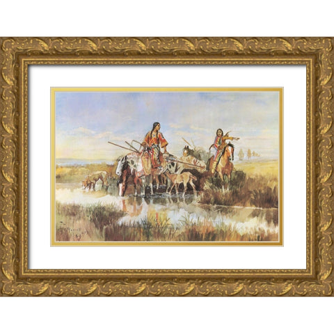 Indian Women with Travois Gold Ornate Wood Framed Art Print with Double Matting by Russell, Charles Marion