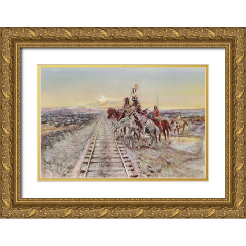 Trail of the Iron Horse Gold Ornate Wood Framed Art Print with Double Matting by Russell, Charles Marion