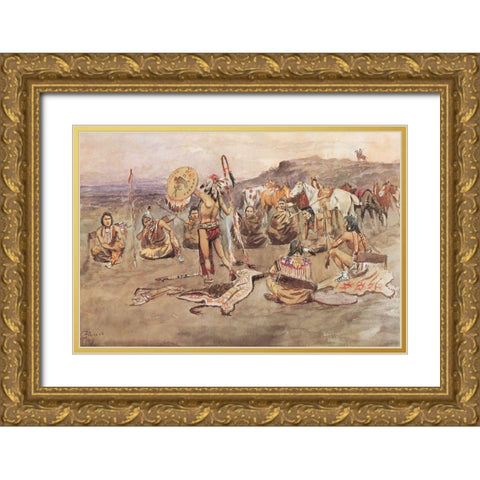 War Council Gold Ornate Wood Framed Art Print with Double Matting by Russell, Charles Marion