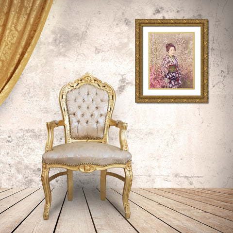 Geisha and Cherry Blossom Gold Ornate Wood Framed Art Print with Double Matting by Kazumasa, Ogawa