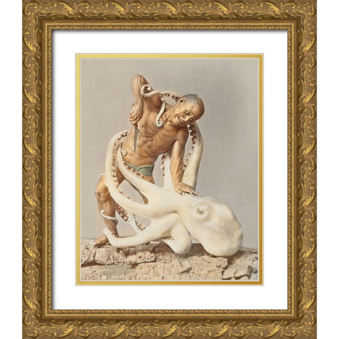 Wood Carving Man and Octopus Gold Ornate Wood Framed Art Print with Double Matting by Kazumasa, Ogawa