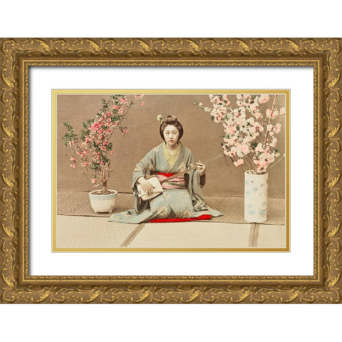 Geisha Playing Samisen Gold Ornate Wood Framed Art Print with Double Matting by Kazumasa, Ogawa