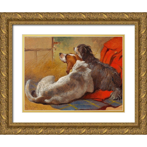 A Hound and a Bearded Collie seated on a Hunting Coat Gold Ornate Wood Framed Art Print with Double Matting by Herring, John Frederick