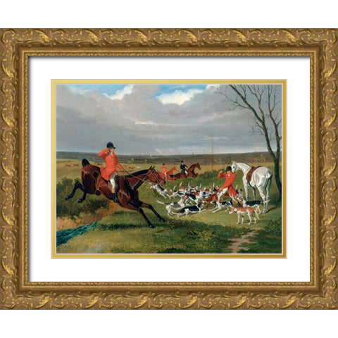 The Suffolk Hunt-The Death Gold Ornate Wood Framed Art Print with Double Matting by Herring, John Frederick
