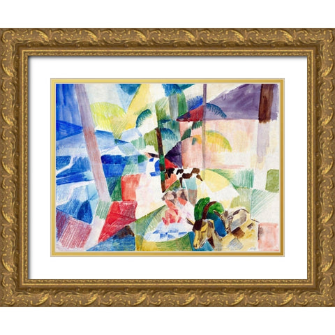 Landscape with children and goats Gold Ornate Wood Framed Art Print with Double Matting by Macke, August