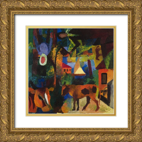 Landscape with Cows-Sailboat-and Painted-in Figures Gold Ornate Wood Framed Art Print with Double Matting by Macke, August