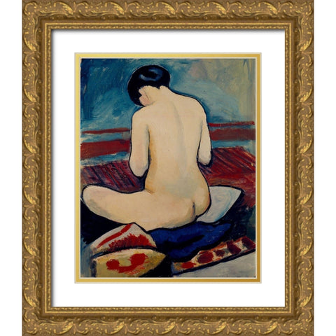 Sitting Nude with Pillow Gold Ornate Wood Framed Art Print with Double Matting by Macke, August