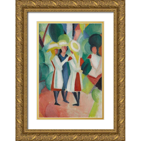 Three girls in yellow straw hats Gold Ornate Wood Framed Art Print with Double Matting by Macke, August