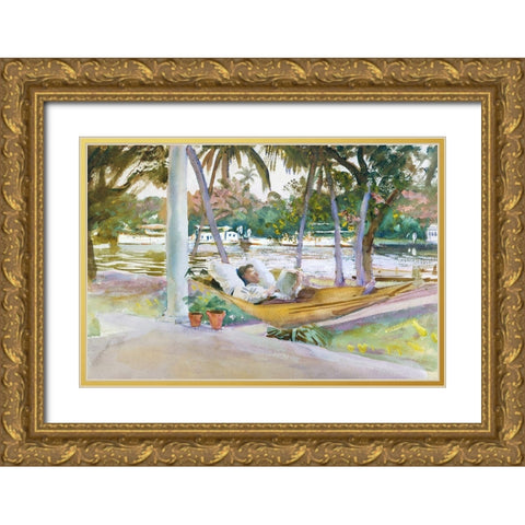 Figure in Hammock-Florida Gold Ornate Wood Framed Art Print with Double Matting by Sargent, John Singer