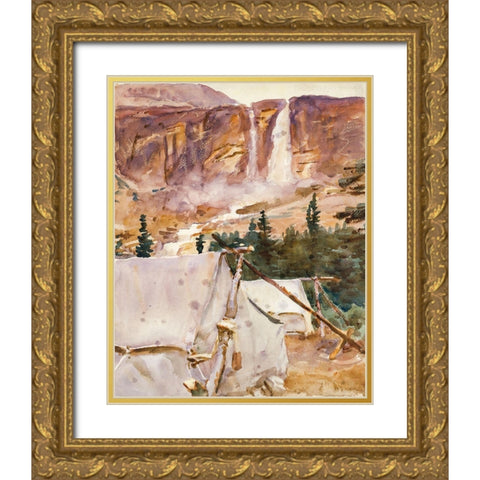 Camp and Waterfall Gold Ornate Wood Framed Art Print with Double Matting by Sargent, John Singer