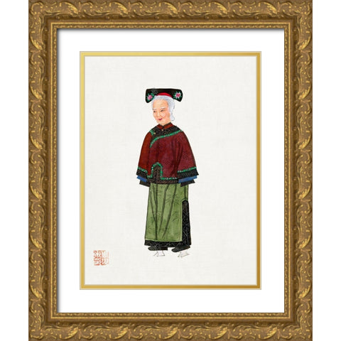 Old lady in light green embroidered silk costume Gold Ornate Wood Framed Art Print with Double Matting by Vintage Chinese Clothing