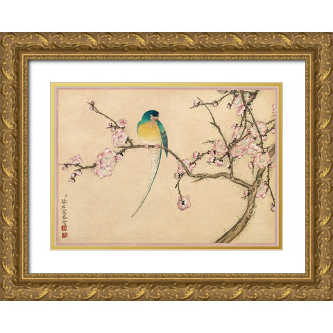 Bird with Plum Blossoms Gold Ornate Wood Framed Art Print with Double Matting by Ruoai, Zhang