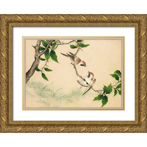 Gossiping Sparrows Gold Ornate Wood Framed Art Print with Double Matting by Ruoai, Zhang