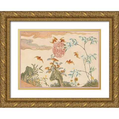 Bats-rocks-flowers oval calligraphy Gold Ornate Wood Framed Art Print with Double Matting by Ruoai, Zhang