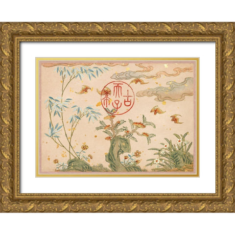 Bats-rocks-flowers circular calligraphy Gold Ornate Wood Framed Art Print with Double Matting by Ruoai, Zhang