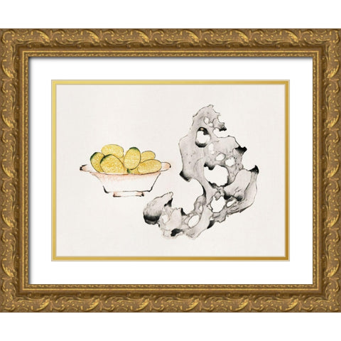 Page from Shi Zhu Zhai Fruit Bowl Gold Ornate Wood Framed Art Print with Double Matting by Zhengyan, Hu