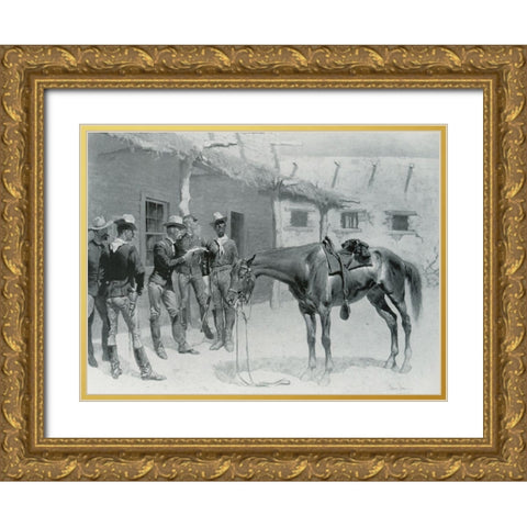 Arrival of a Courier-Sketch Gold Ornate Wood Framed Art Print with Double Matting by Remington, Frederic