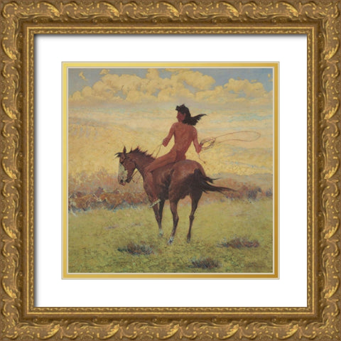 The Pony Herder Gold Ornate Wood Framed Art Print with Double Matting by Remington, Frederic