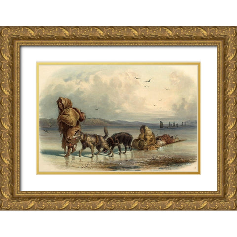 Dog sledges of the Mandan indians Gold Ornate Wood Framed Art Print with Double Matting by Bodmer, Karl